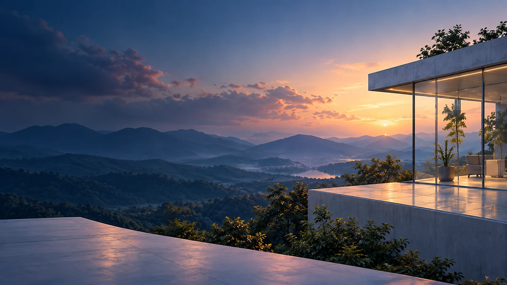 Modern glass pavilion overlooking a forested mountain valley at sunset